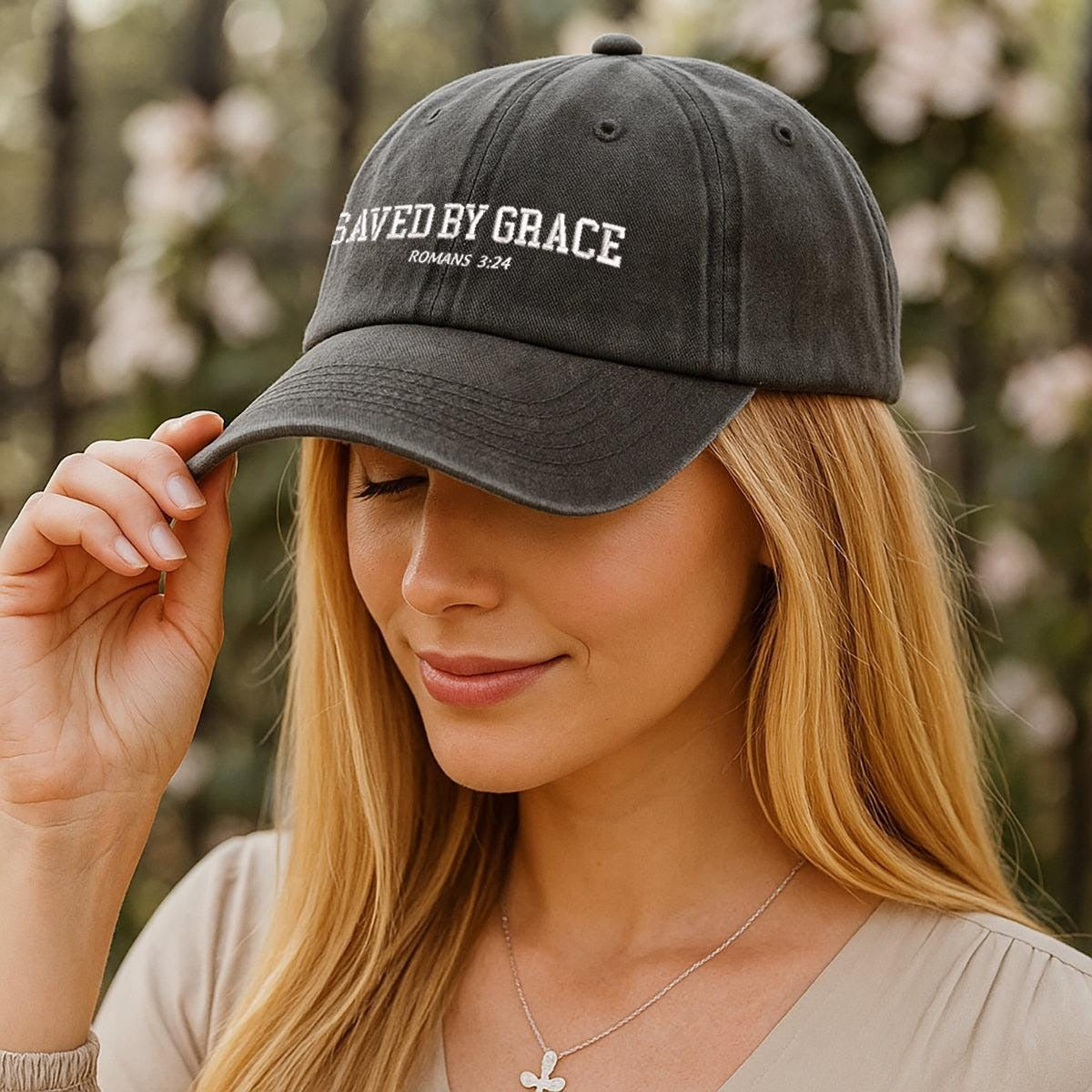 Saved By Grace Romans 3:24 Embroidered Hat, Washed Christian Cap With Bible Verse, Faith-Based Gift For Believers, Men, Women, Teens LAFH16